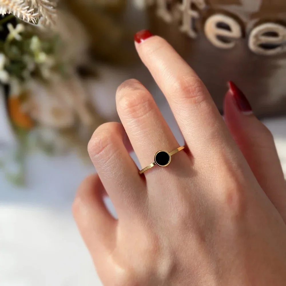 Stainless Steel Rings Fashion Trendy OL Style Anniversary Black Round Stone Ring For Women Jewelry Party Wedding Girls Gifts