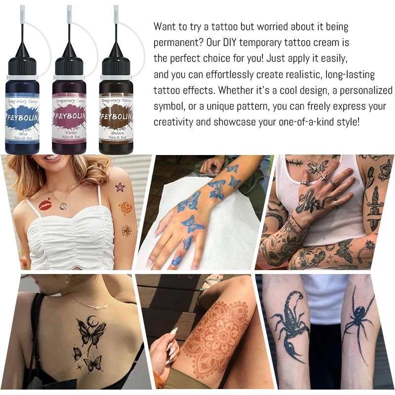 Langlebige temporäre Tattoo-Tinten mit 3 Tattoo-Aufkleber-Set, freihändiges Malgel für Make-up-Trend-Party-Tattoos für Gesicht und Körper