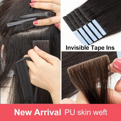 Extensiones de cabello humano con cinta Invisible, trama de piel de Pu sin costuras, extensiones de cabello inyectado, adhesivos atados a mano, 10 unidades por paquete
