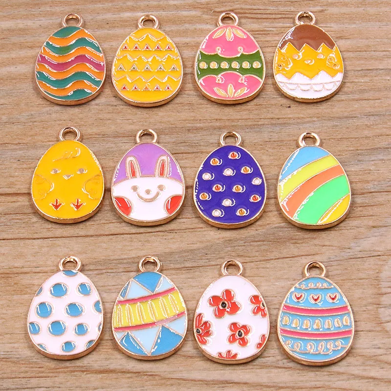 10pcs 12 Styles 14*22mm Alloy Dripping Cartoon Easter Eggs Charm Pendant Necklace Keychain Earrings DIY Rabbit Eggshell Handmade