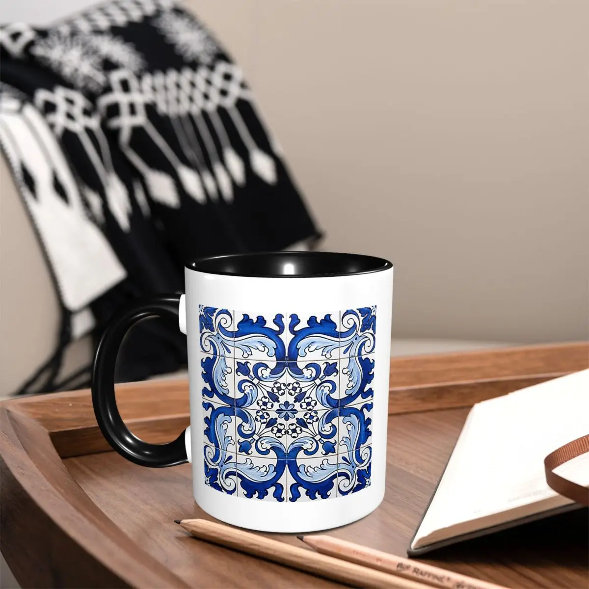 Antique Classic Lisbon Blue Azulejo Tile Floral Mug Funny Ceramic Coffee Cups Tea Mugs Milk Cup Drinkware Gift for Woman Man