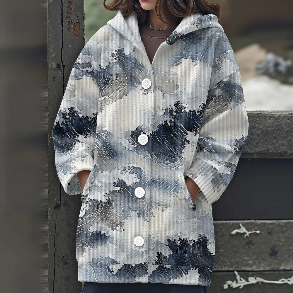 

Длинный свитер с японским узором, волнистый узор, свитер с капюшоном, повседневный женский свитер, новинка 2025 года, женский свитер