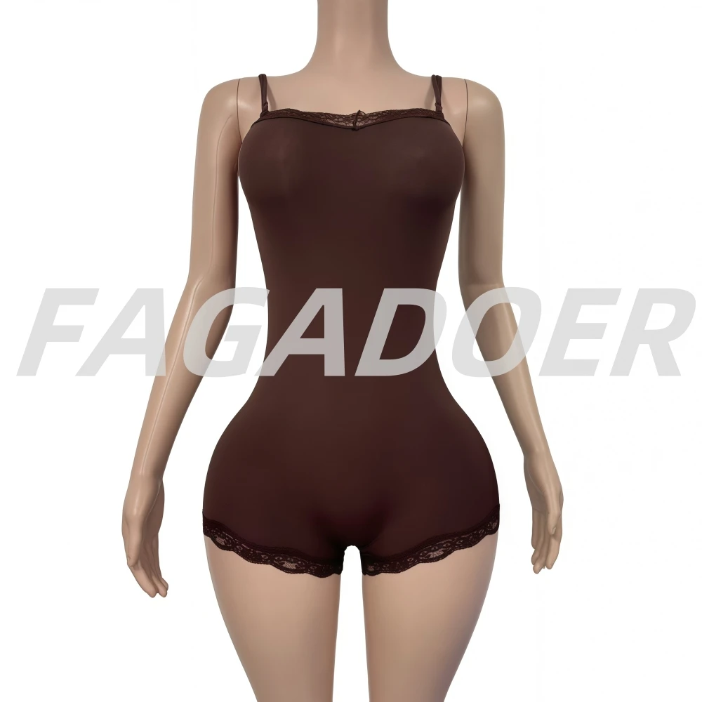 FAGADOER Summer Sexy Lace Patchwork Bodycon Rompers Women Solid Color Spaghetti Strap Bodysuit Jumpsuit Female Sportswear 2025
