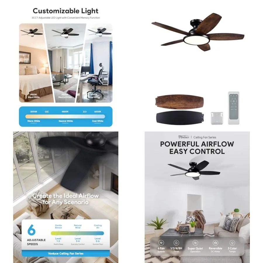 Ceiling Fans with Lights, Ceiling Fan and Remote, Full-spectrum LED Light, 3CCT, 6-Speeds Noiseless Reversible DC Motor, Modern