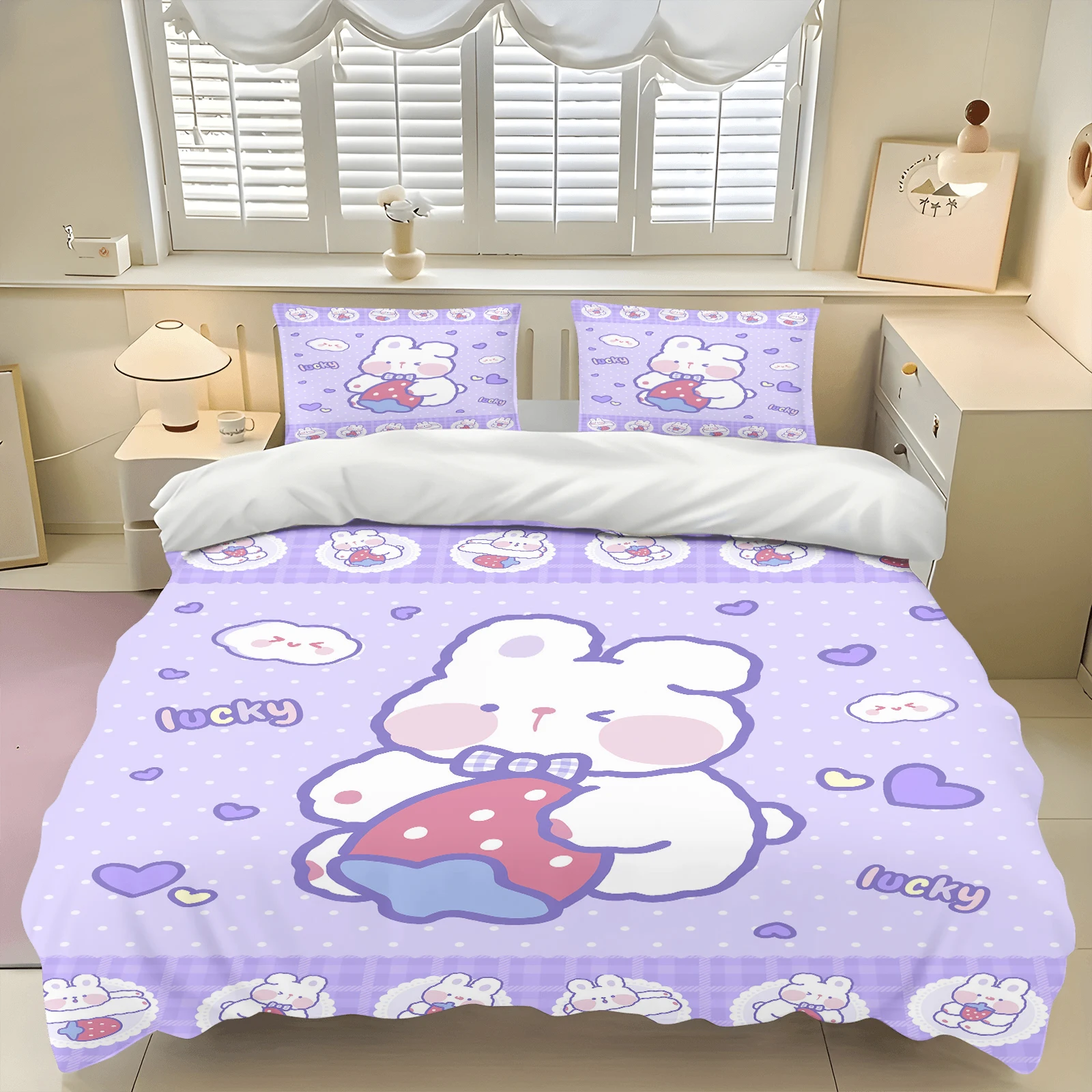 3PCS Cartoon Grid Rabbit Theme Series Bedding Set Full Size Kids,Rabbit Comforter Cover for Boys Girls Bedroom Decor