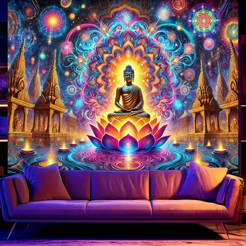 VIKAMA Blacklight Buddha Tapestry UV Reactive Psychedelic Meditation Wall Hanging Background Cloth for Home