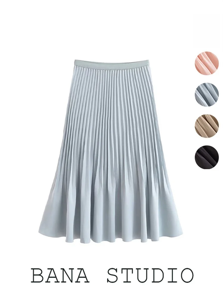 

BANA атласная плиссированная юбка с высокой талией, женская синяя драпированная юбка-миди трапециевидной формы с эластичной резинкой на талии, офисные поездки, чистый цвет, повседневная