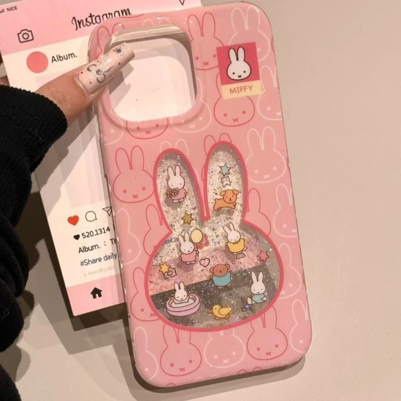 

New Kawaii Miffy Cute Pink Hollow Cartoon Miffy Rabbit Printed Phone Case for iPhone 16 15 14 13 12 11 Pro Max Fall Prevention