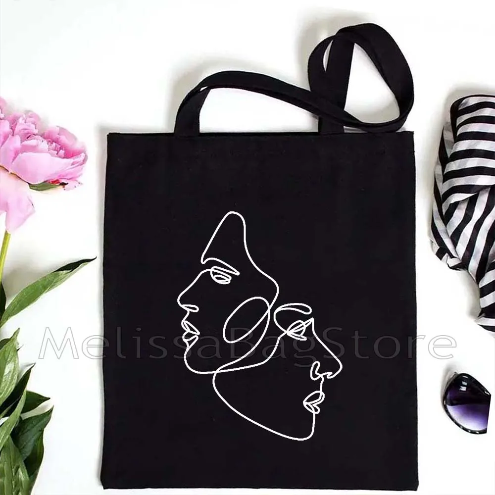 Abstract One Line Art Poster Floral Girl Woman Face With Rose Head Drawings One Line Couple Minimalis Canvas Tote Bag Handbag