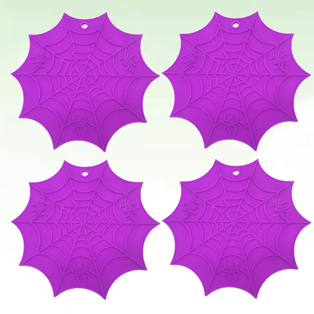 4Pcs Premium Silicone Halloween Placemat Set Spider Web Design Non-Slip Heat-Resistant Coaster Mat for Table Protection Cup