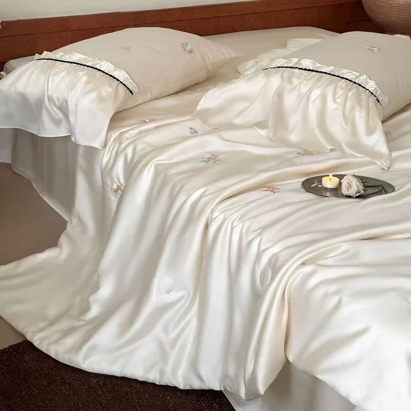 100% Eucalyptus Lyocell Fibre Quilt Embroidery Summer Blanket Cooling Silky Bedding Twin Queen Single Double Bed Comforter