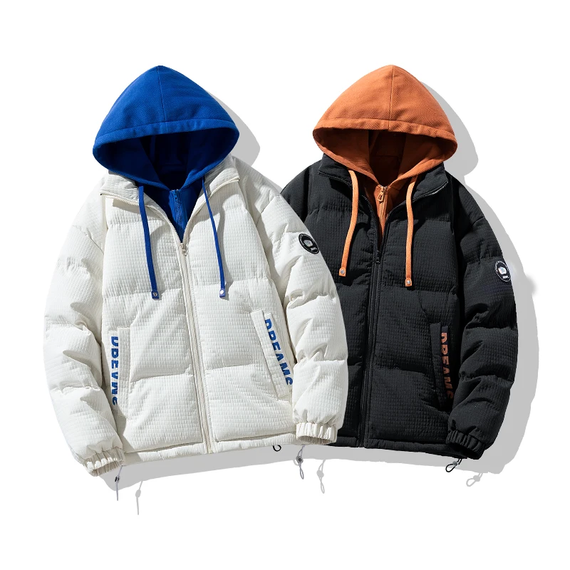 Men\'s Jacket Winter Fake Two-Piece Hooded Coat Cotton-Padded Jacket Streetwear Thick Warm Vintage Fashion Parkas Brand Oversize