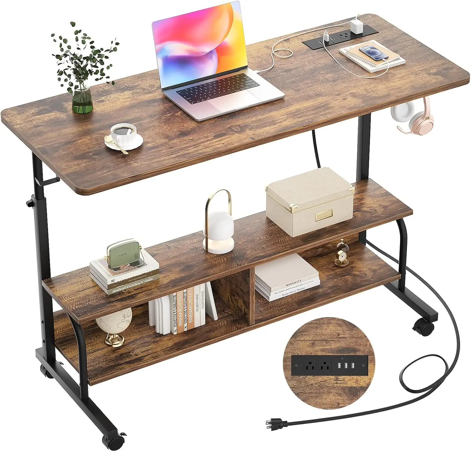 

Height Adjustable Standing Desk with Power Outlets, 47" Manual Stand Up Desk with Storage Shelves Small Mobile Rolling C