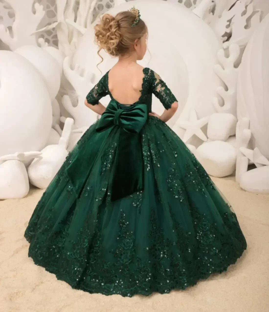 Half Sleeve Flower Girl Dress for Wedding Toddlers Sequined Lace Princess Pageant Gowns With Bow Emerald Green Birthday Dress