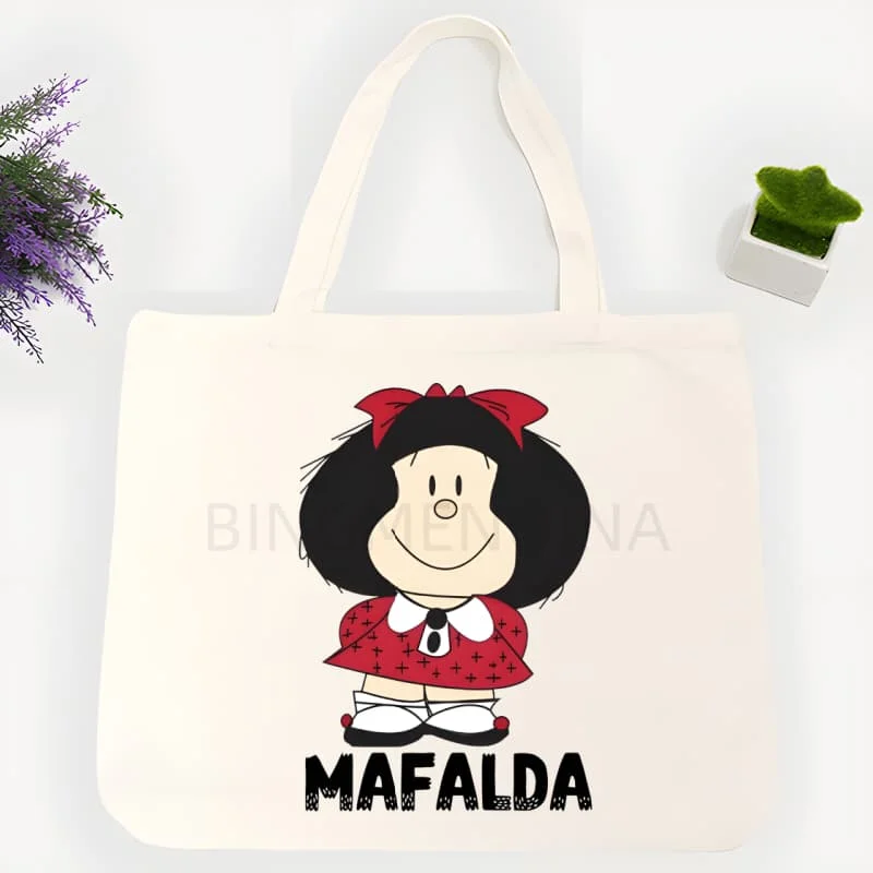 Bolsa de picnic para mujer Mafalda, bonita caricatura kawaii, bolsa de mano ecológica reutilizable para mujer, bolso de mano para la universidad, bolso de compras grande retro para mujer