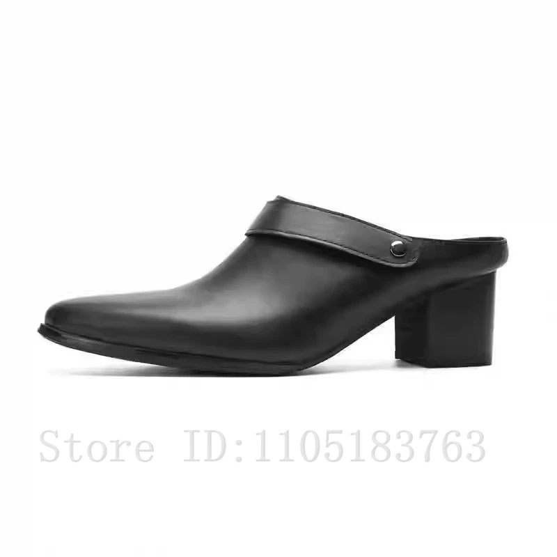 Designer New Men Cover Toe Slip On Slippers Black White Genuine Leather High Heel Party Formal Mules Shoes