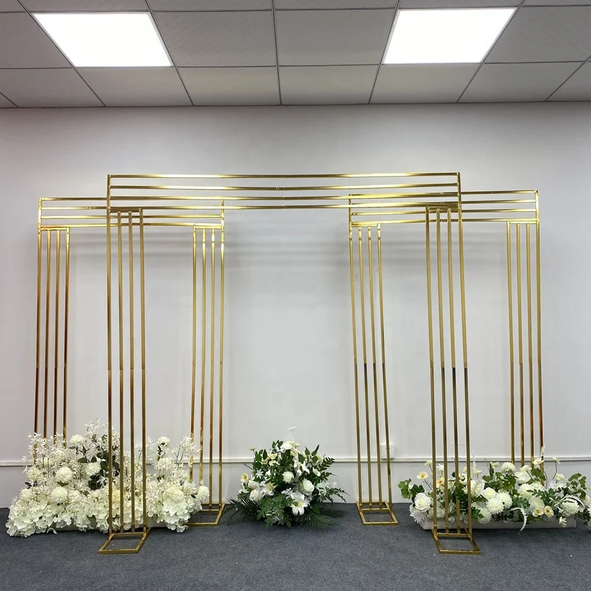 

Set of 3 Golden Metal Flower Backdrop Background Wedding Arch Stand for Party Events Decoration