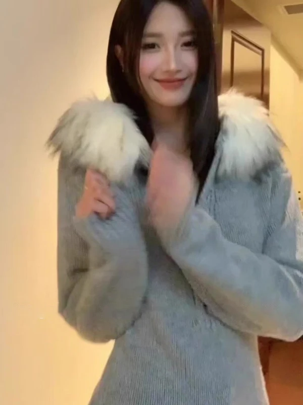 스파이시 걸 탈부착 가능한 퍼 칼라 헨리 칼라 니트 스웨터 여성용 가을 겨울 한국 스타일 허리 조임 후드 탑 코트