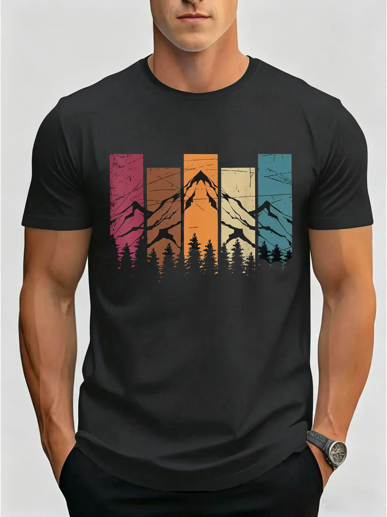 2026 New Retro Color Bar Mountain Forest Graphic T Shirt Vintage Outdoor Nature Hiking Unisex Casual Cotton Short Sleeve Tee