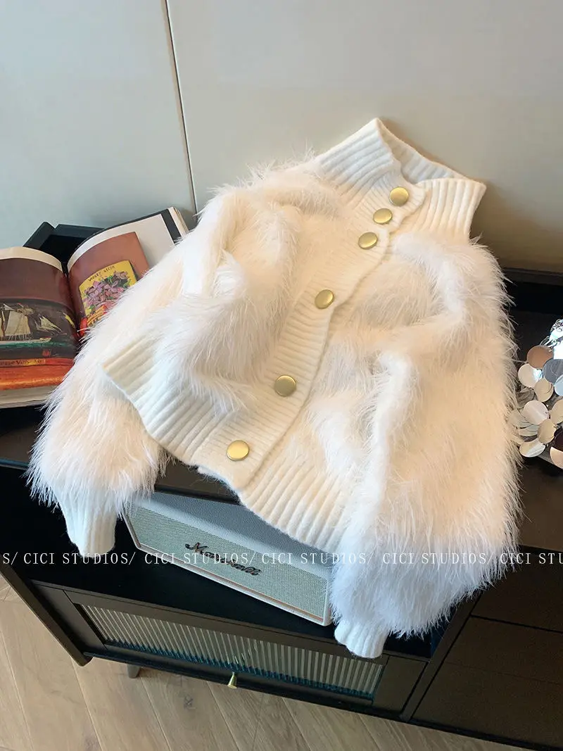 Korejpaa White Cardigan Women Turtleneck Faux Mink Fur Sweater Cardigans 2024 Autumn Korean Style Gentle Knitted Jacket Top