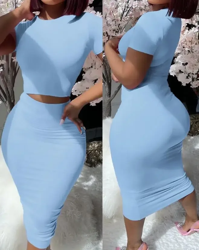 

CPSYMYM Two Piece Sets Womens Outifits Summer Round Neck Short Sleeve Plain Crop Top & Casual Skinny High Waist Skirt Se