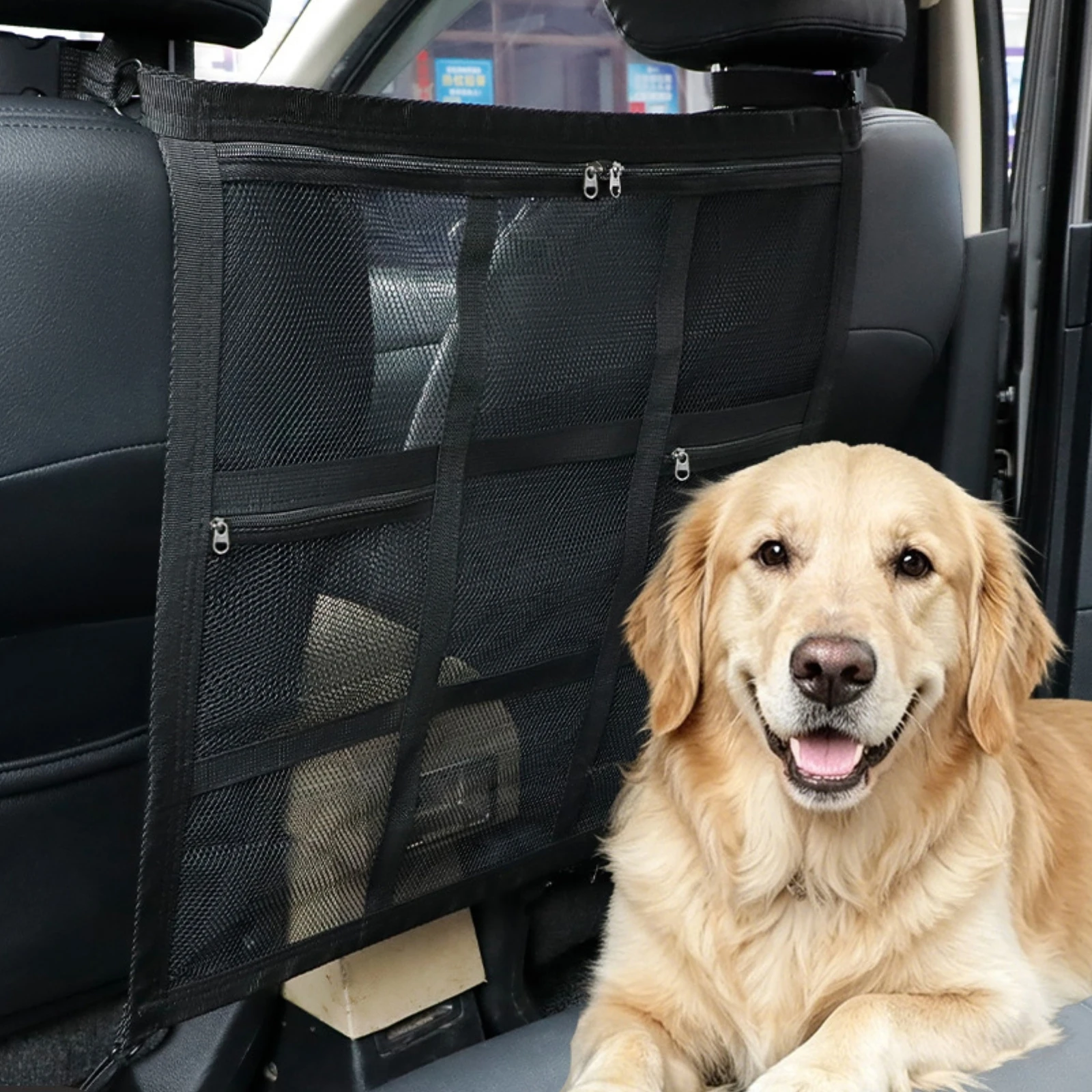Rear Seat Pet Barrier Zipper Openings Car Pet Barrier Net Dog Car Barrier Strap and Buckle Rectangular Frame