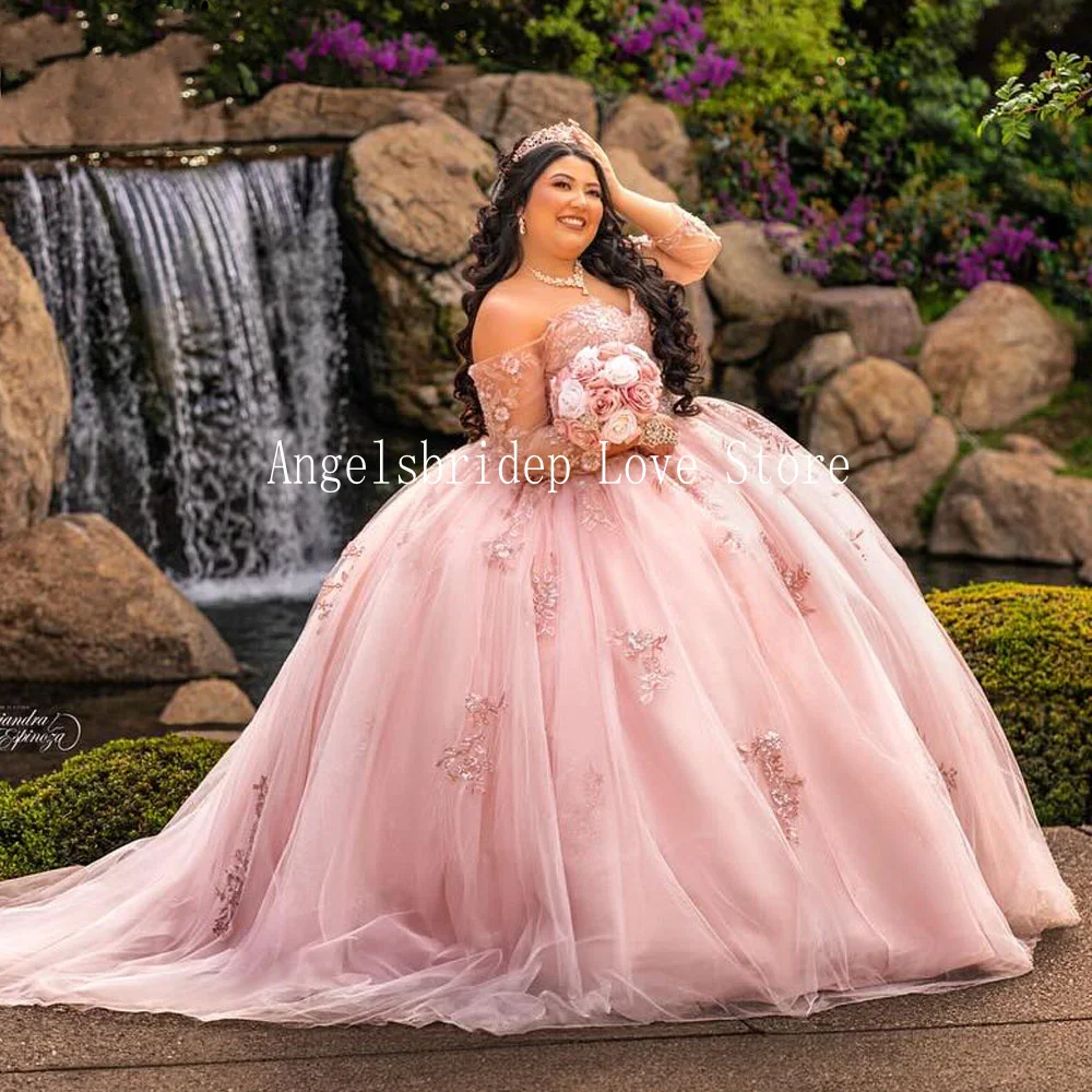 

Angelsbridep Plus Size Pink Ball Gown 15 Years Quinceanera Dress Applique Vestidos De Fiesta Birthday Evening Party Dresses