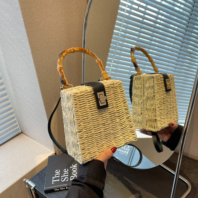 

Gusure Female Straw Women Crossbody Bead Handle Handbag Fashion Female Box Shoulder Bag Summer Travel Beach Bag