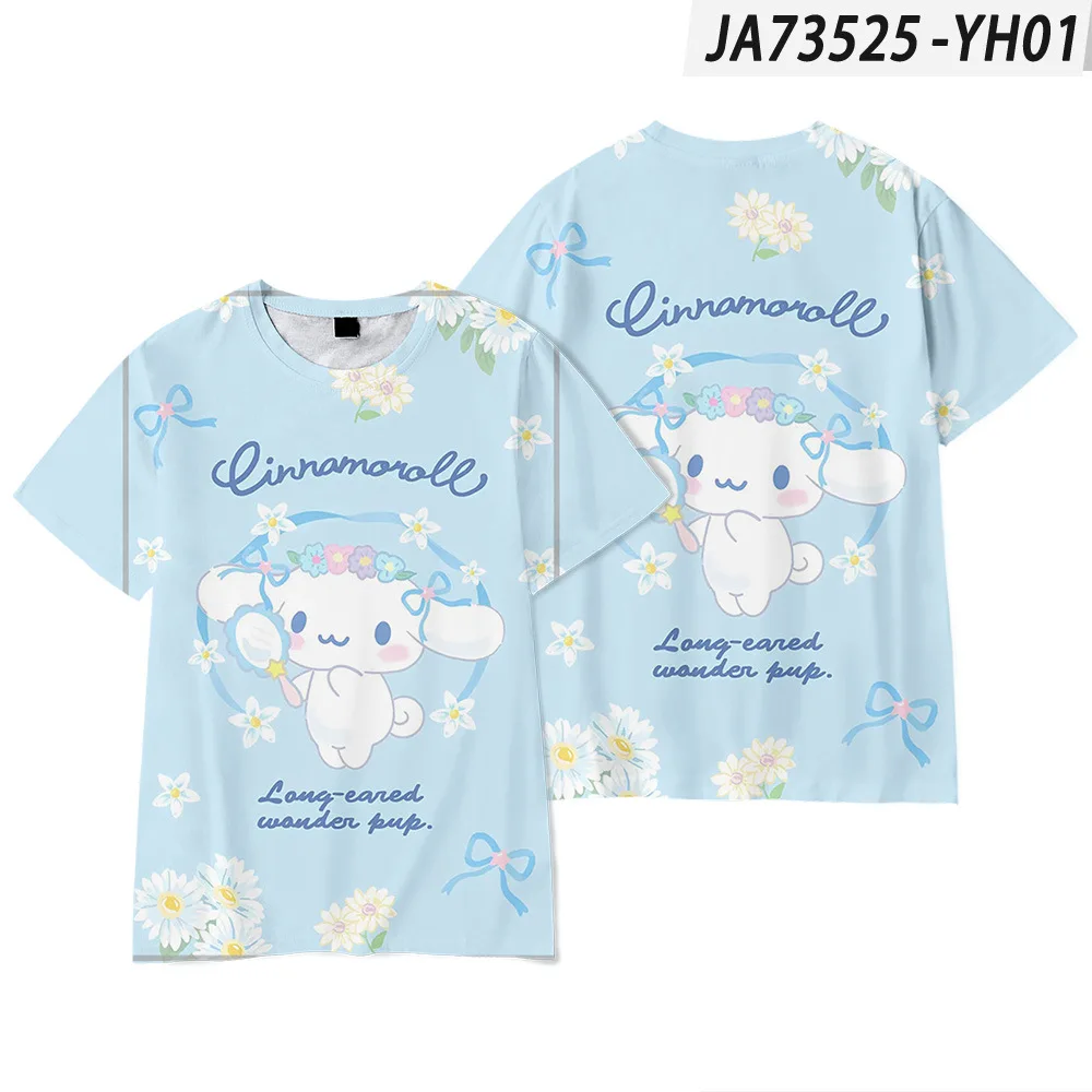 Anime Cinnamoroll camiseta de manga curta, impresso digital em torno do pescoço roupas para adultos e crianças, Hello Kitty, Novo