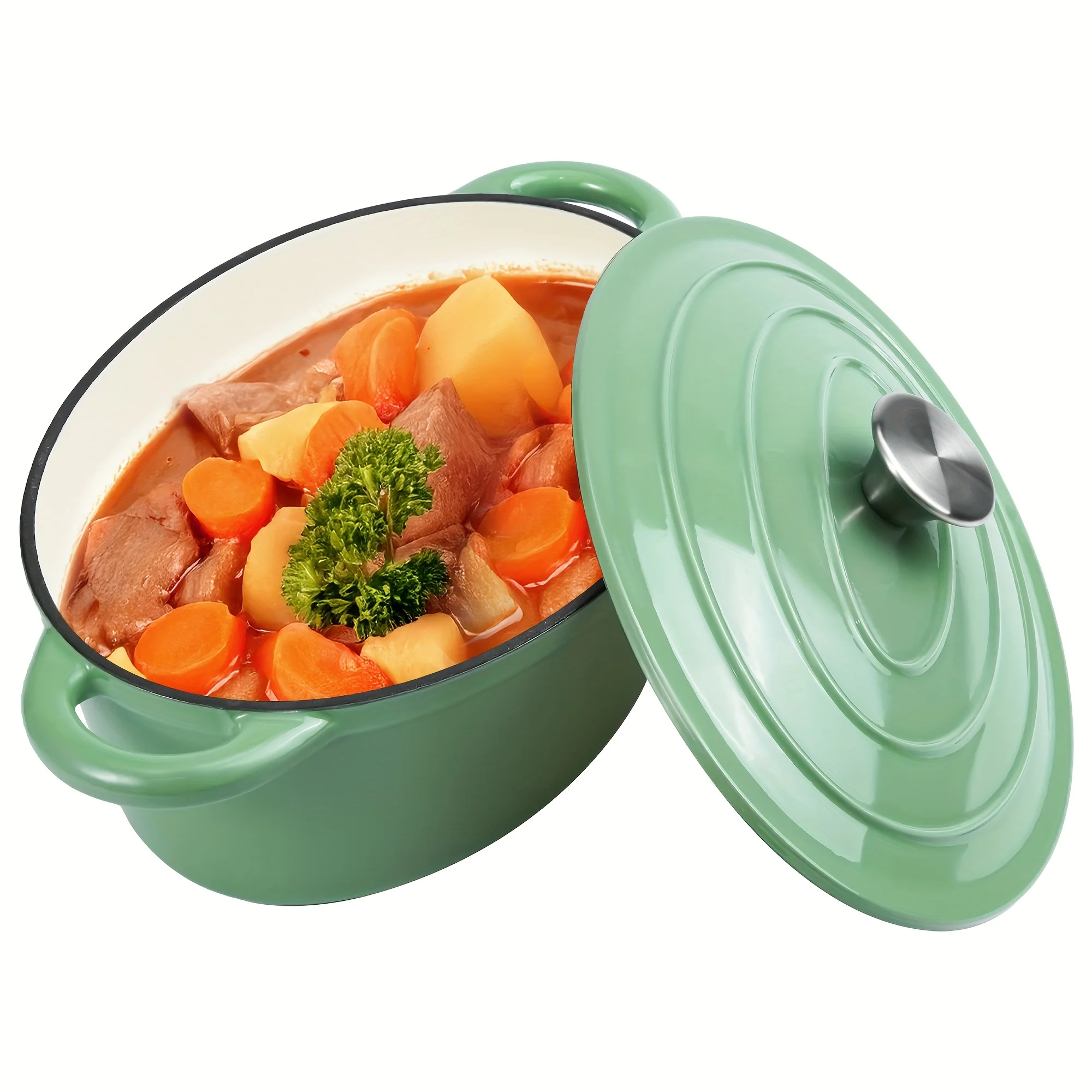 

A porcelain-coated cast iron stew pot with a lid and two-handled design, suitable for bread baking and cooking.