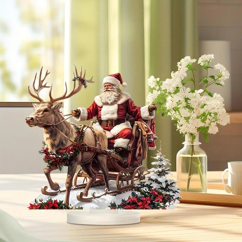 Christmas Reindeer Sleigh Santa Figurine 2D Acrylic Xmas Santa Claus on Sleigh Decoration Holiday 2025 Party Supplies Home Decor