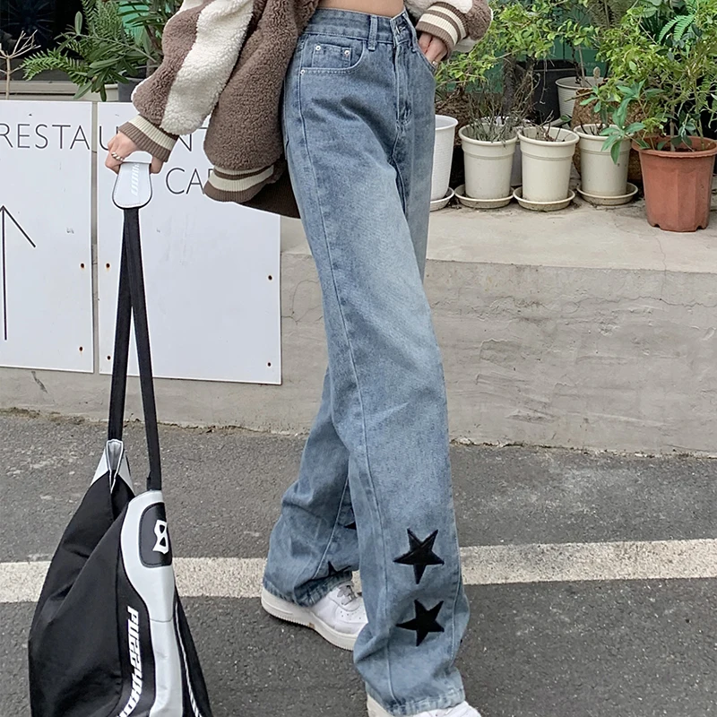 Jean Streetwear Hip Hop pour femmes et hommes, broderie étoile, mode coréenne rétro, ample, taille haute, pantalon droit en Denim, nouvelle collection 2023