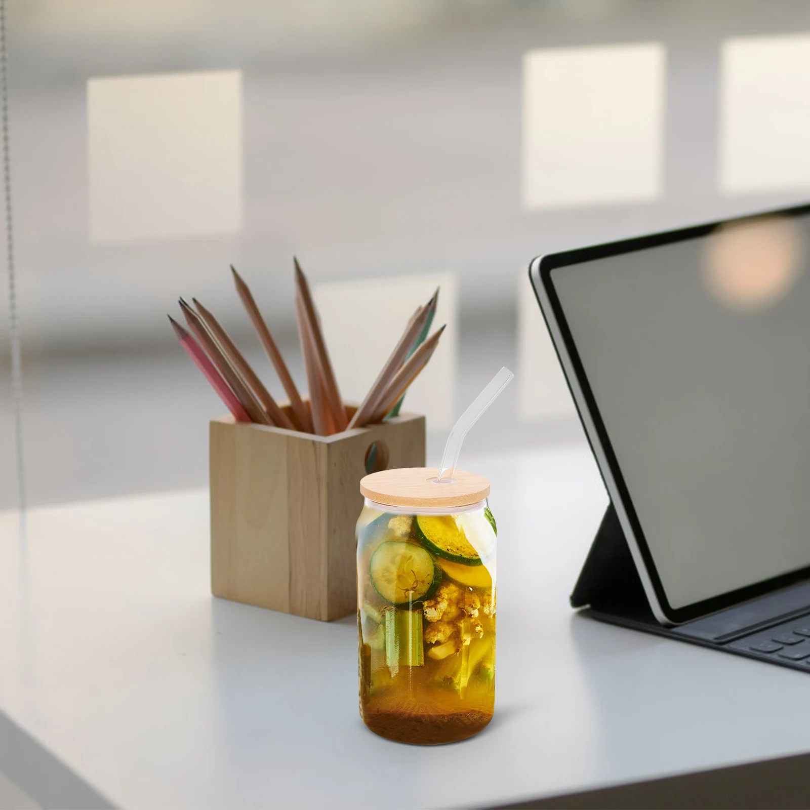 

16OZ Cup Set Glass Cans Bamboo Lid Straw 4 Cups 4 Covers Juicing Bottles Beer Glasses Reusable Hygienic