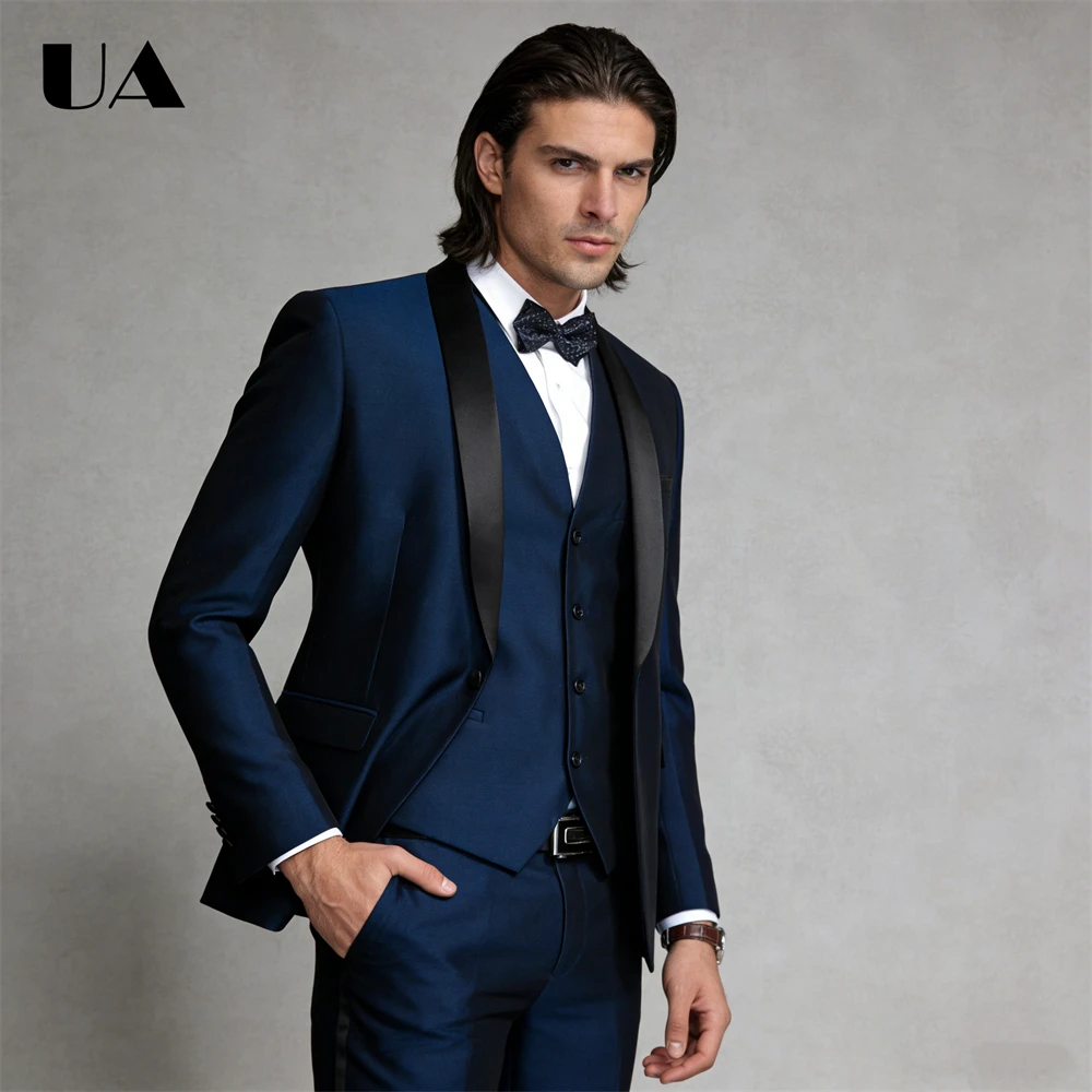 

High Quality Men's Navy Suit Set, 3-Piece Suit Blazer Pants Vest , Business Suit Attire Formal Occasion Prom Suits Dresswear