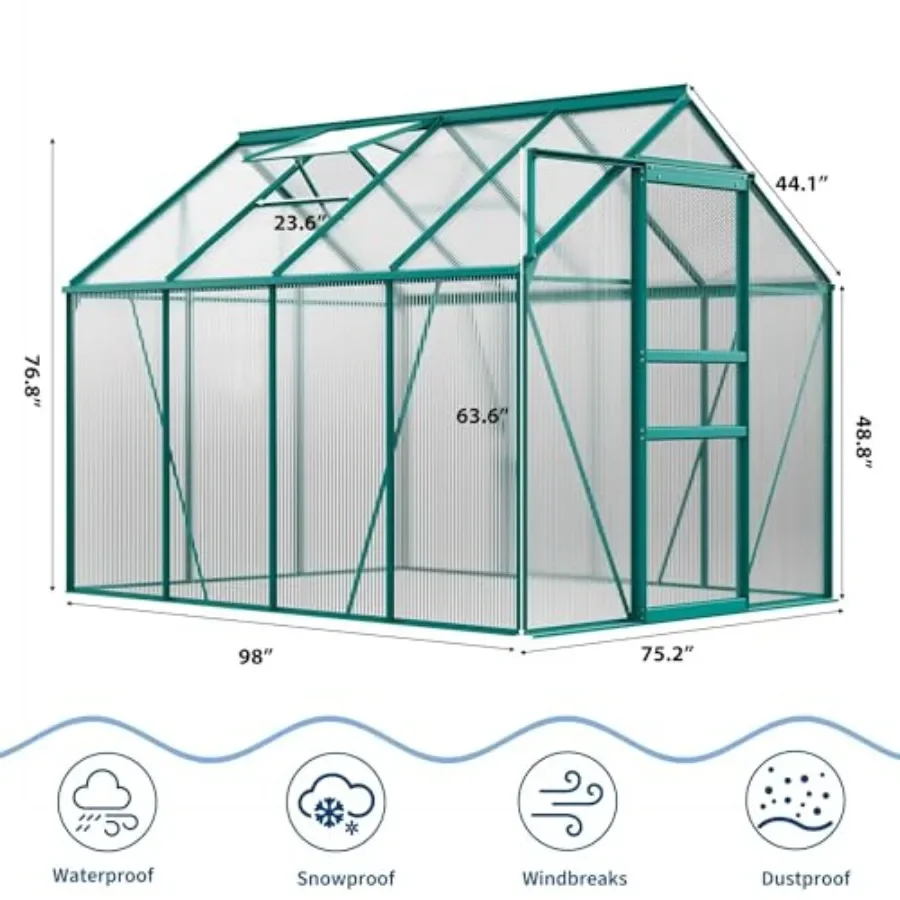 6x8 Ft outdoor greenhouse for backyard patio use, polycarbonate panels with aluminum frame, green color, sliding door and adjus