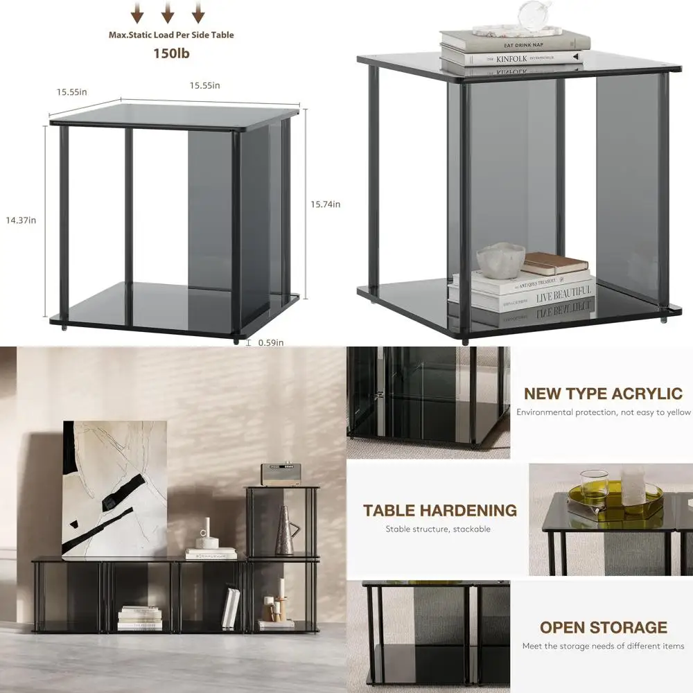 

Contemporary Acrylic Square Side Table with Storage, Ideal for Living Room, Bedroom, or Office, Black, 15.55x15.55x15.74
