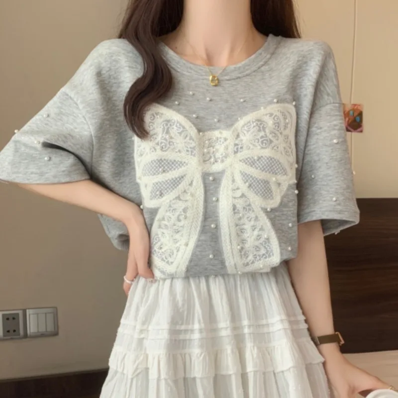 Short Sleeve T-shirts Women Summer Sweet Girls Beading Bow Baggy Fashion Trendy Korean Style Leisure High Street Attractive Cozy