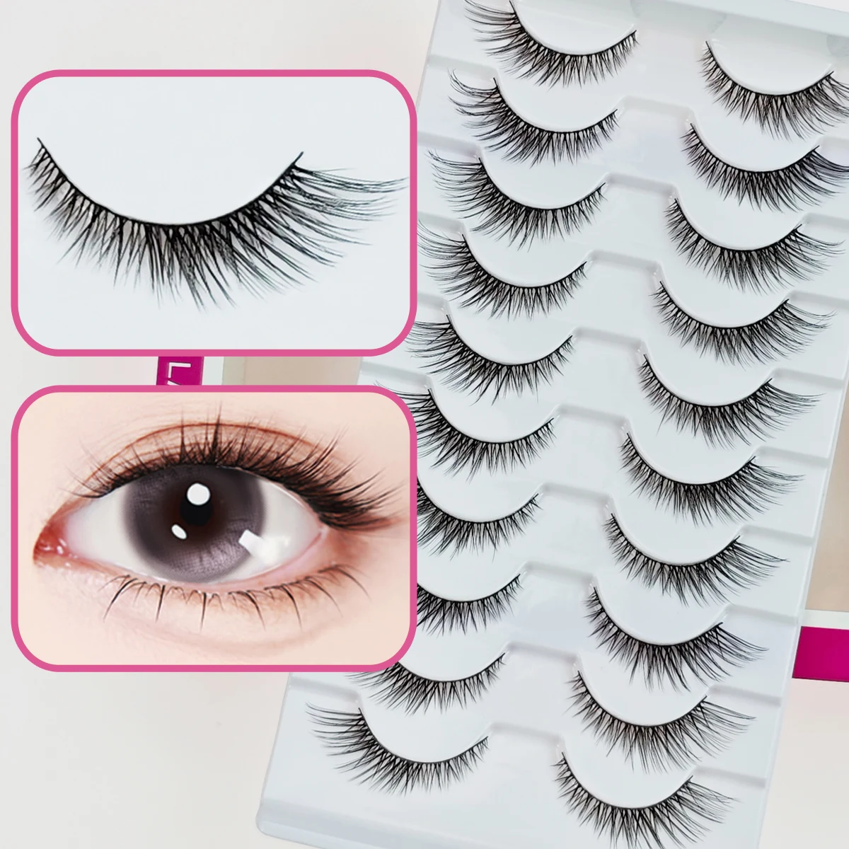 Diagonal Natural Fox-Style Eyelashes Short in the Front and Long in the Back, Cat-Eye Light Makeup, One-Piece Eyelashes