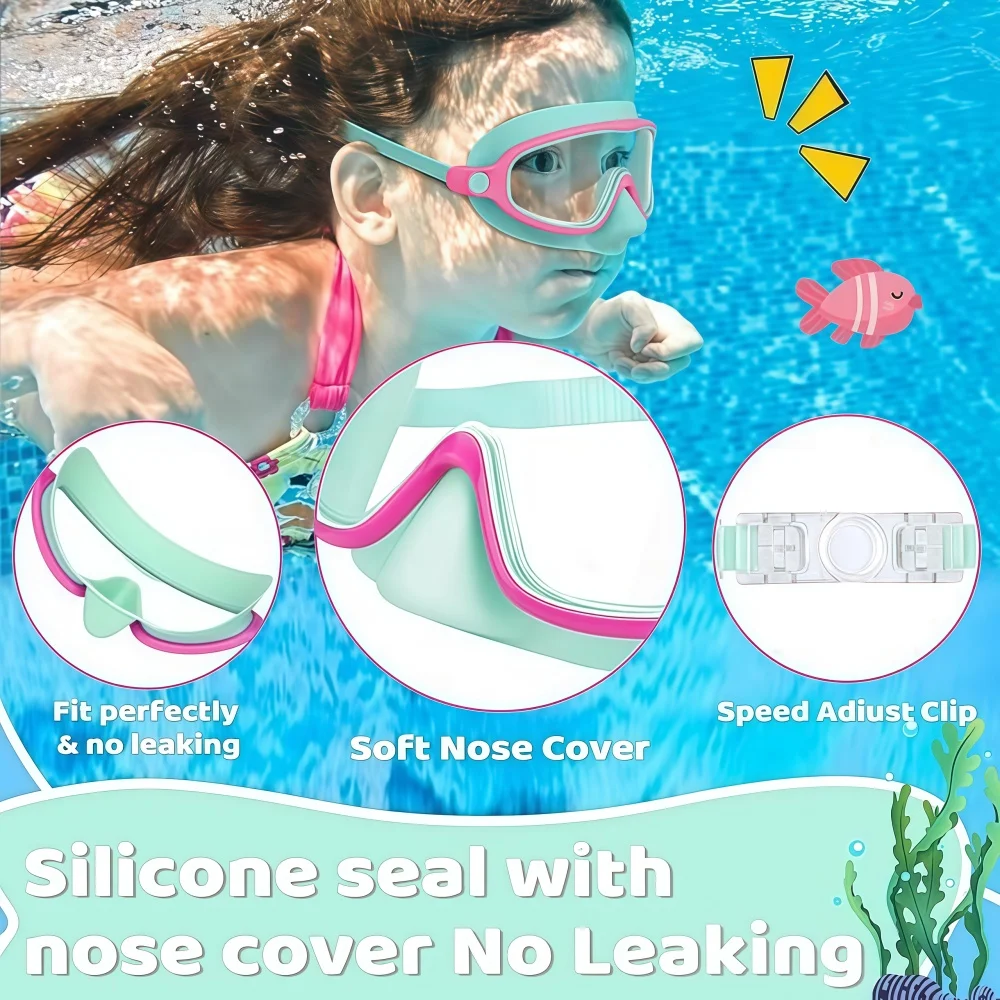 Kids Swim Goggles with Nose Cover UV Anti-Shattered Wide View Anti-Fog Swimming Diving Mask for Children Aged 3-5 view 5