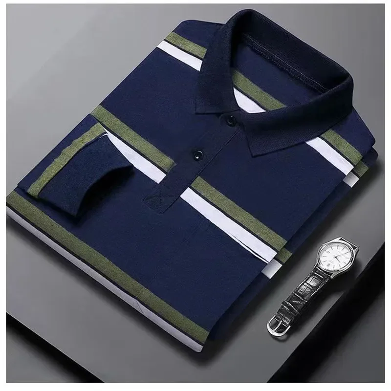 Cotton Breathable Polo Shirts Men's Clothing Spring Summer Tops Long Sleeve Casual High Quality Clothes Lapel T-shirt Stripe