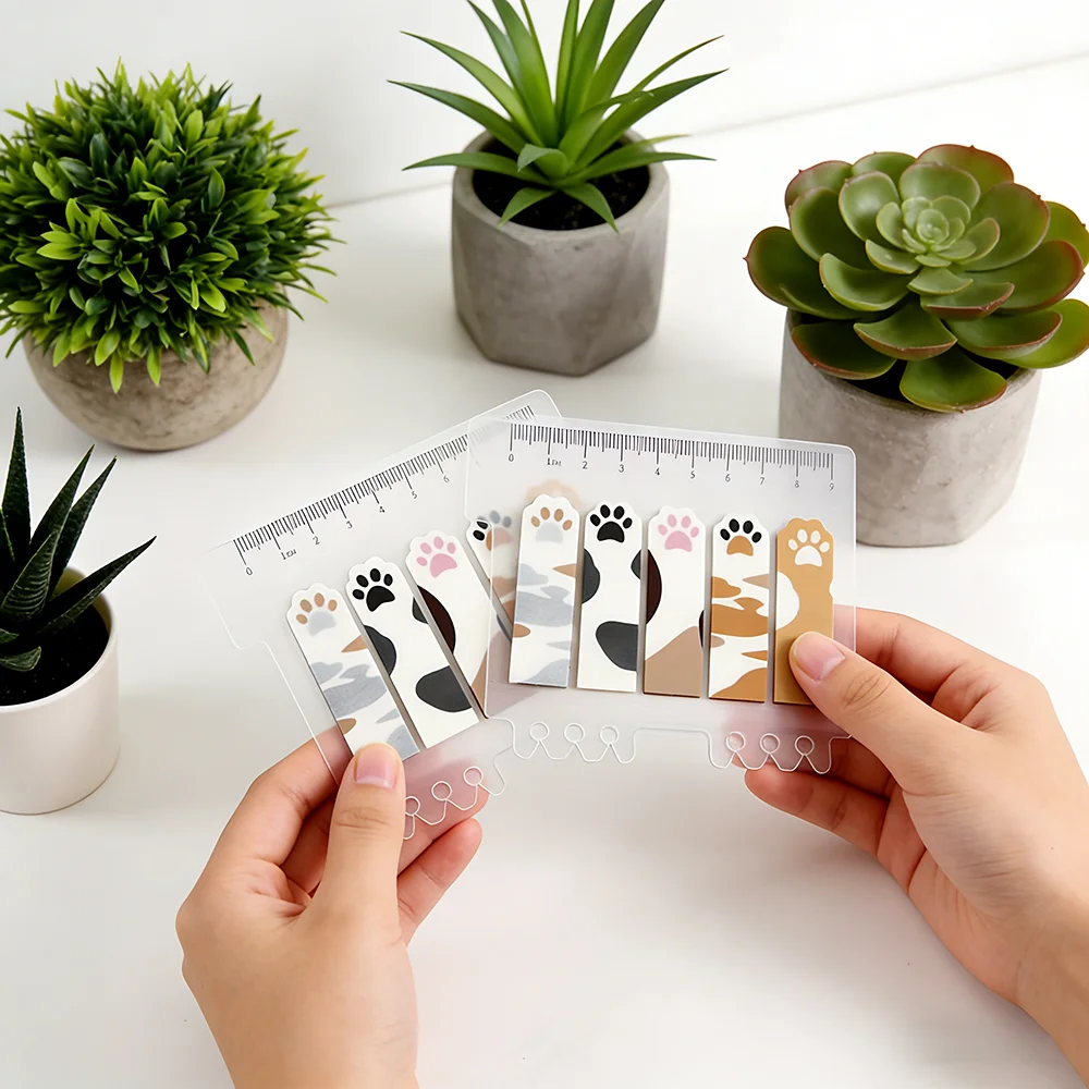 Marcadores Adhesivos con Forma de Pata de Gato, Regla Transparente, Notas Adhesivas, Marcadores de Libros para Estudiantes y Oficina
