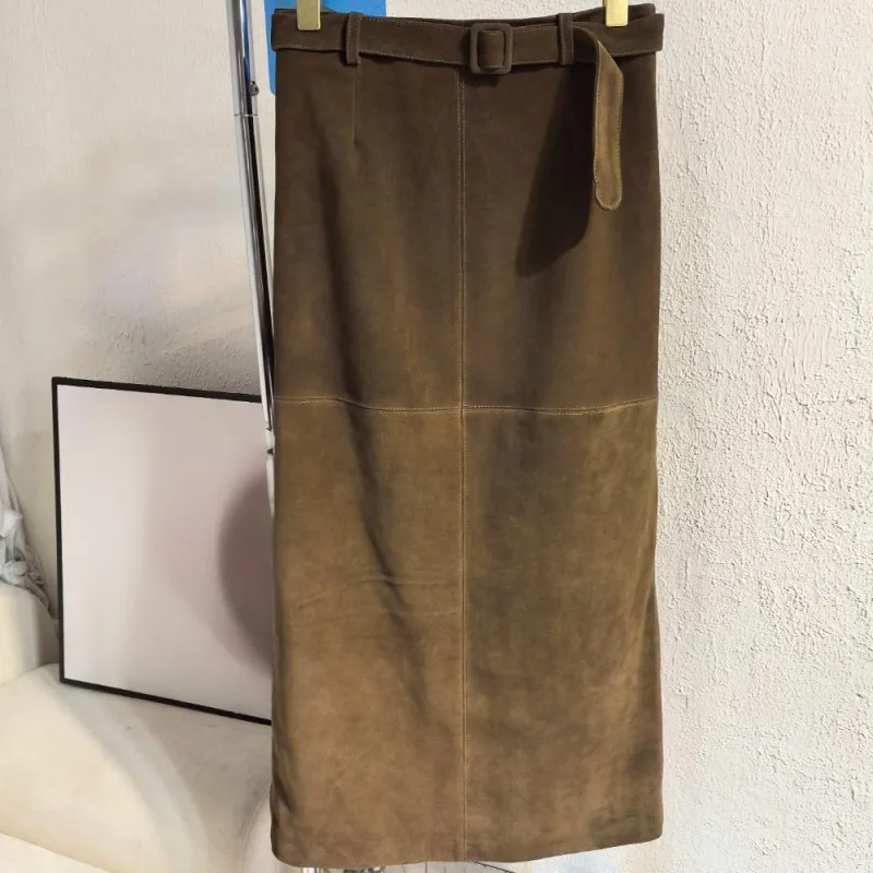 Retro Ladies Solid Color Genuine Leather Suede Long Skirts 88cm High Waist Belt Sheepskin Handmade Knee Length Skirt Vintage