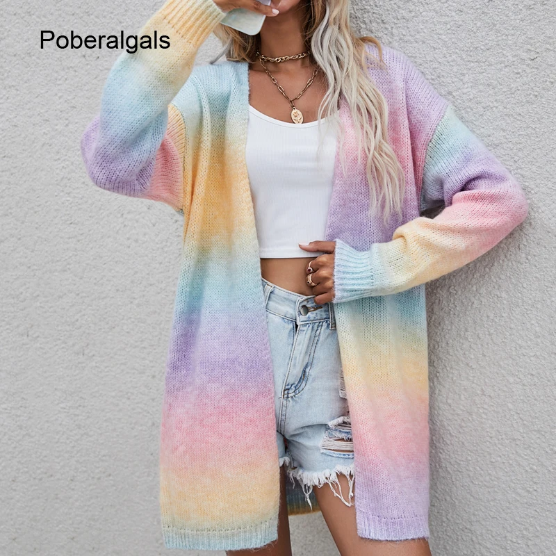 Autumn vintage cardigans winter new women\'s sweater 2022 new pockets rainbow tie-dye mid-length cardigan knitted sweater jacket