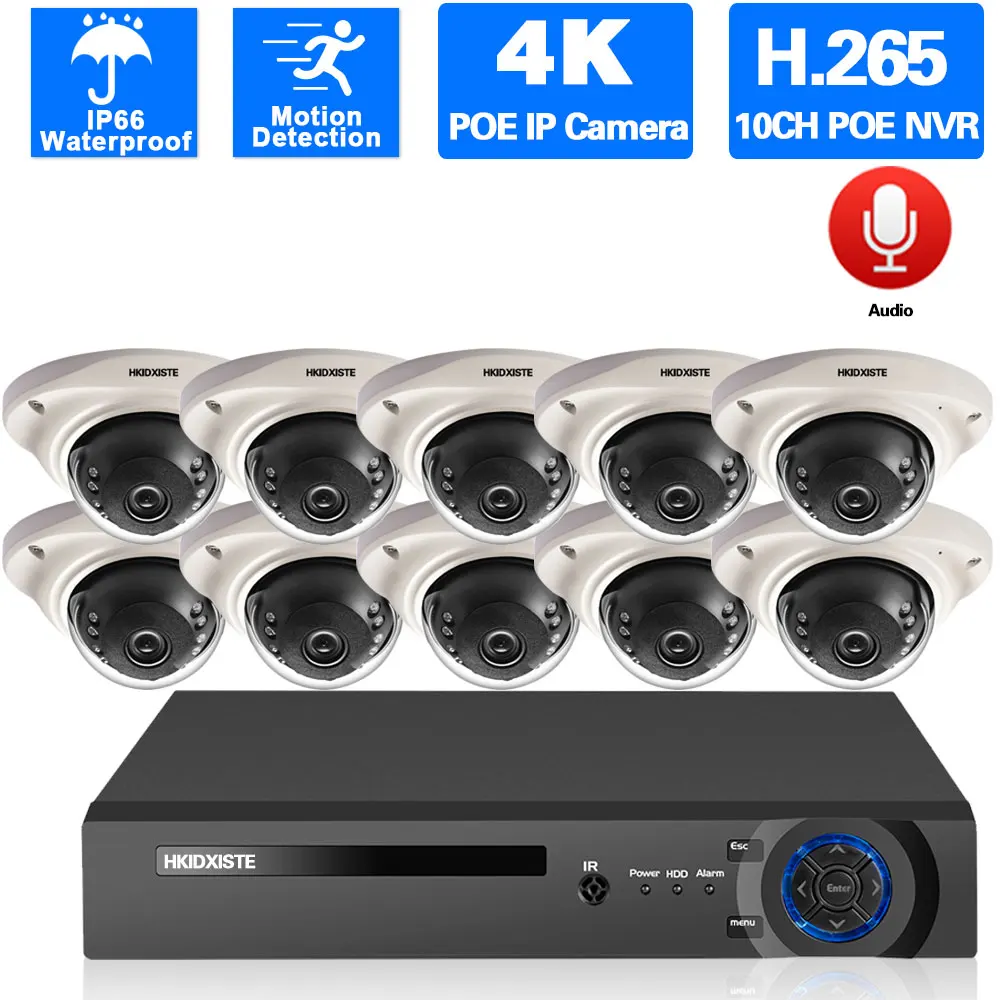 

4K POE IP Dome Camera System H.265 10CH POE NVR Kit Indoor Home Security Surveillance Camera Set 8CH CCTV Monitoring System Kit