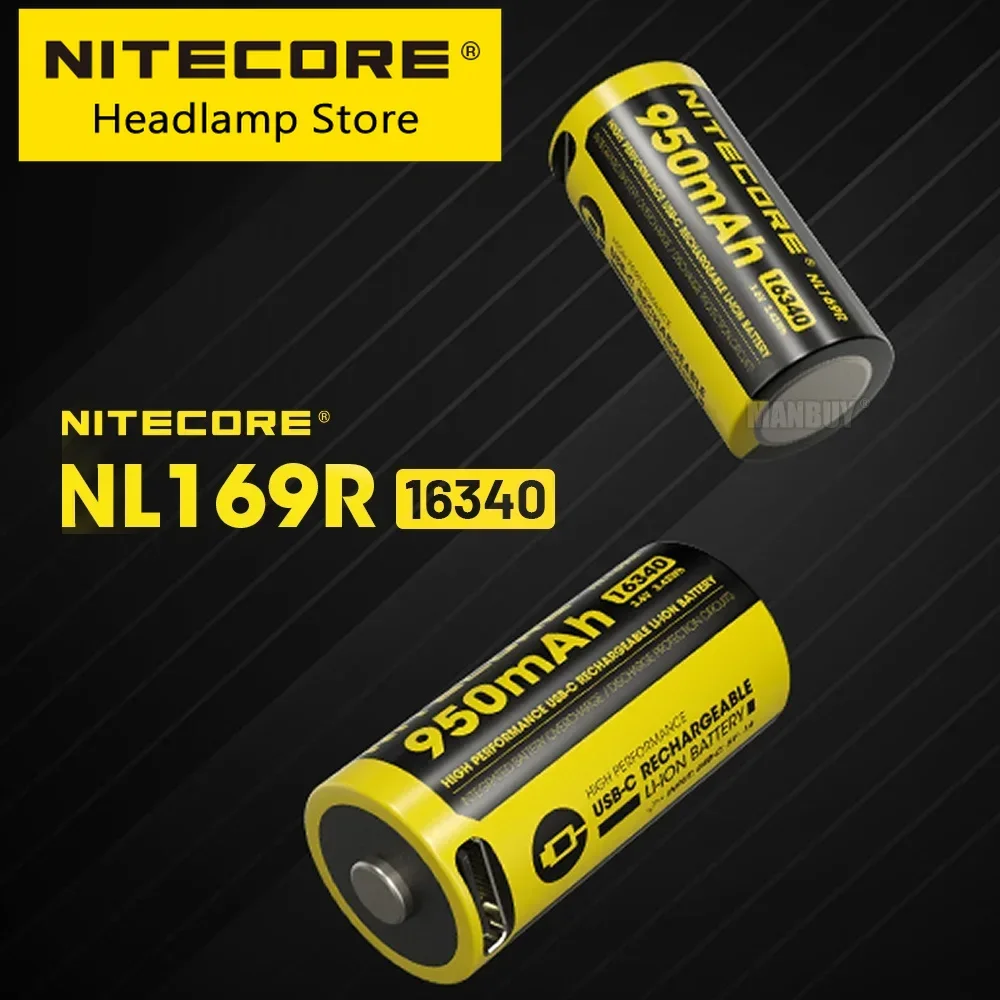 Genuine Nitecore NL169R 950mAh 3.6V 3.42Wh 16340 USB-C Charging Port Rechargeable Li-ion Battery x2 Pieces with Free Flashlight