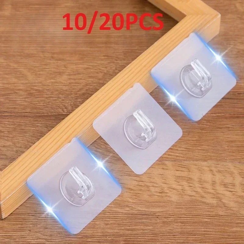 10/20Pcs Transparent Self Adhesive Hooks Door Wall Mounted Hanger Hook Suction Heavy Load Rack Kitchen Bathroom Organizer Holder