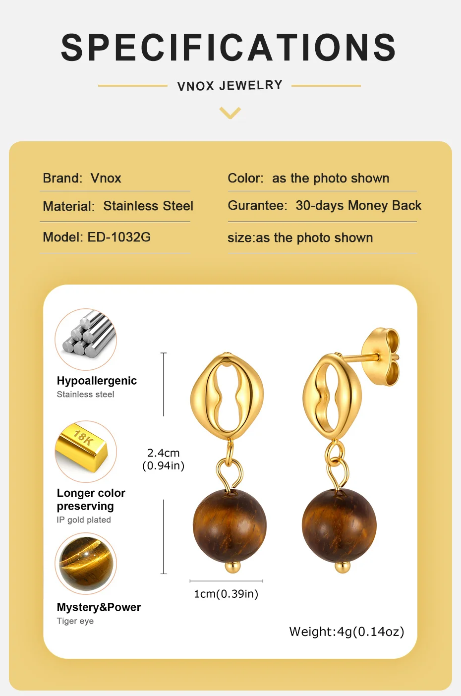 Vnox Trendige Naturstein-Ohrhänger für Damen, vergoldeter Edelstahl, ovale Ohrringe mit natürlichem Türkis, Boho-Schmuck – Detail 4