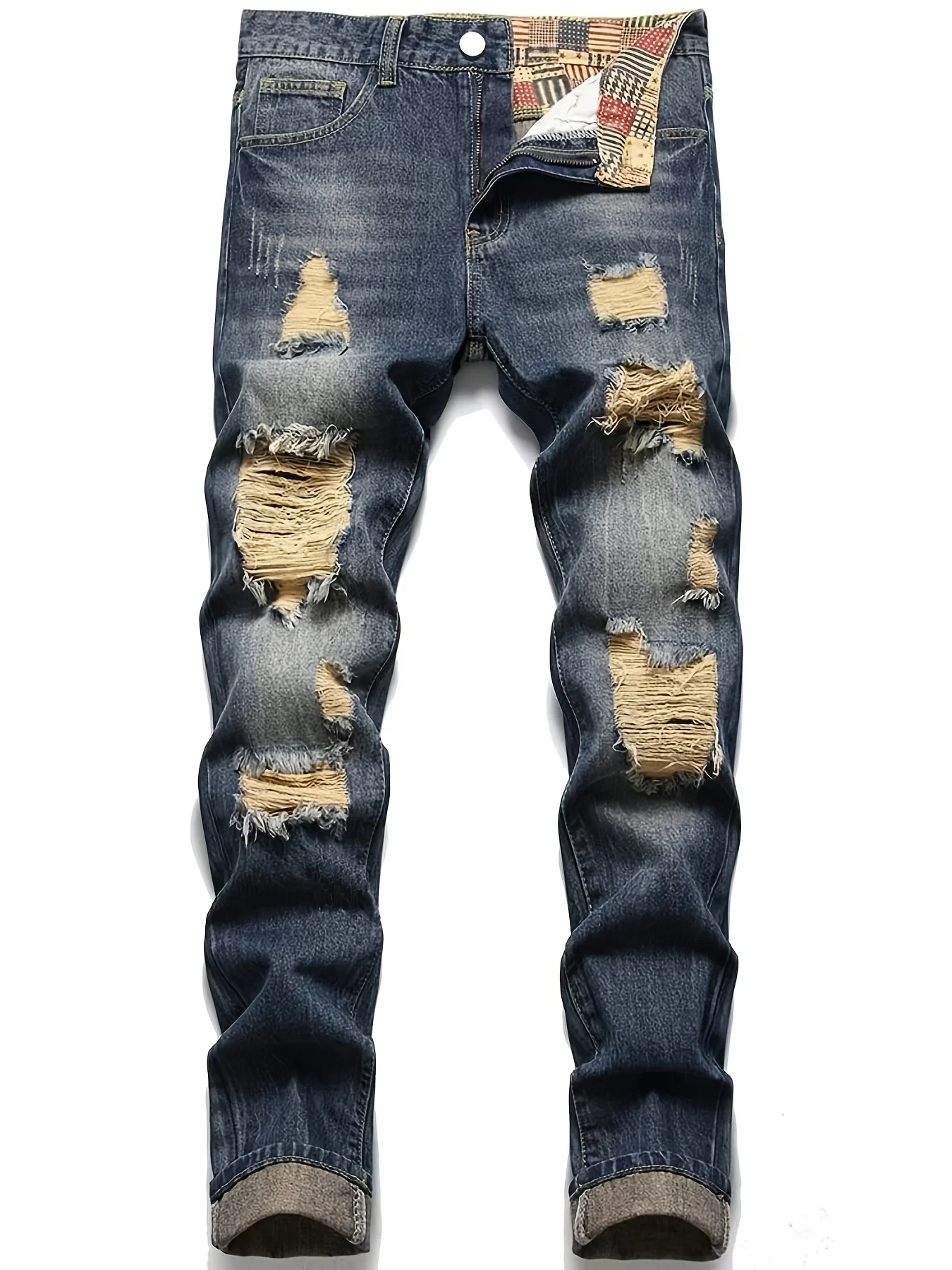 Regular Fit Ripped Jeans, Men\'s Casual Street Style Distressed Denim Pants For All Seasons