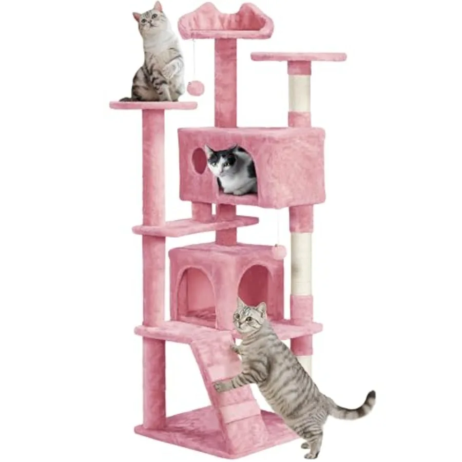 Cat Tree Tower, Double Condo, Multi Platforms, Scratch Posts Multi-level layout, plush balls, easy assembly, anti-wobble base,
