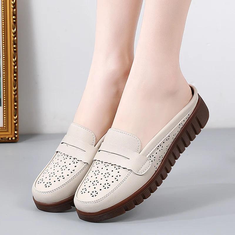

Genuine Leather Women Flats Hollow Slip On Leather Loafers Ladies Shoes Korean Style Soft Moccasins Half Slippers Big Size 42 43